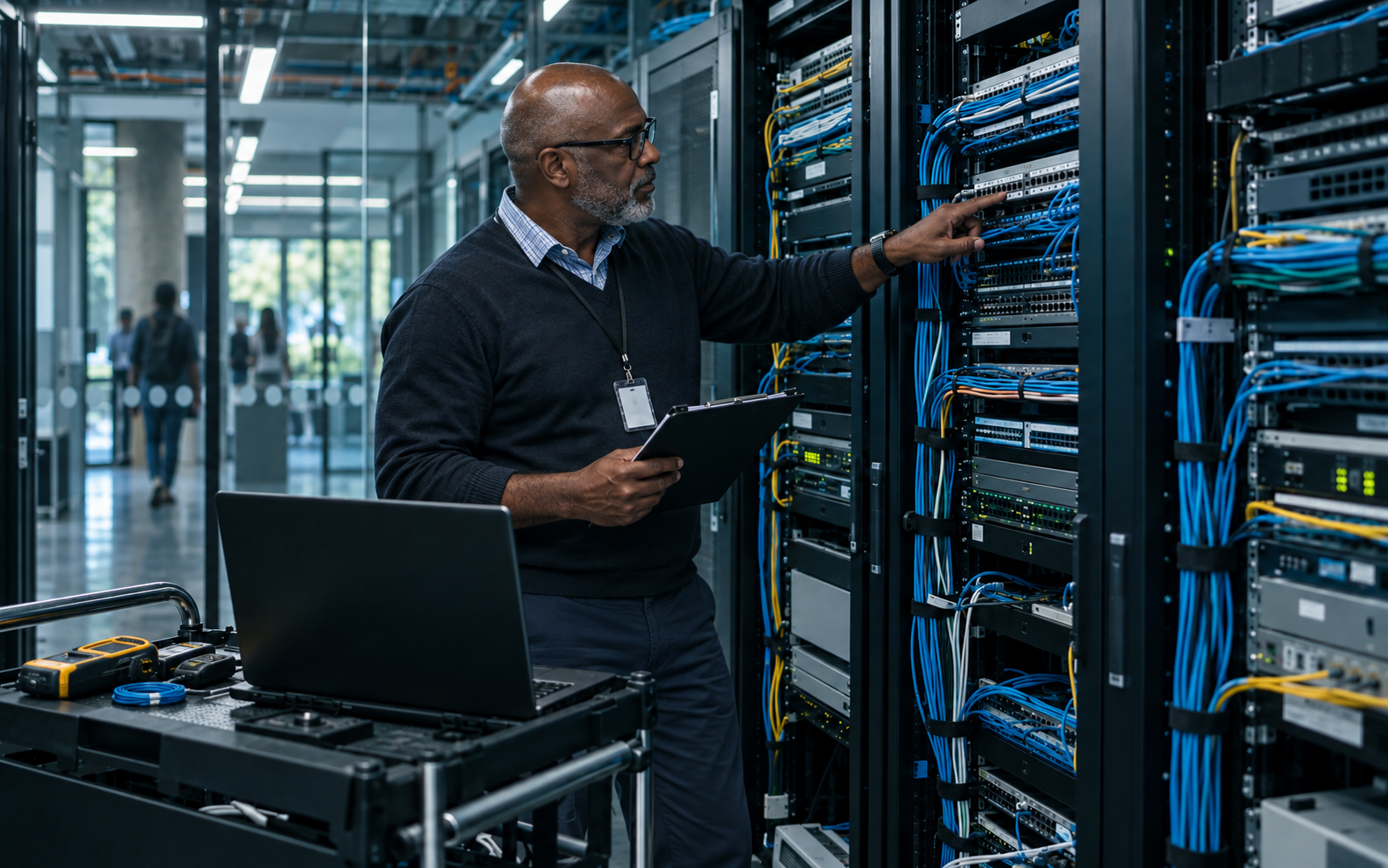 Network consultant conducting a structured physical infrastructure audit in an enterprise communications facility