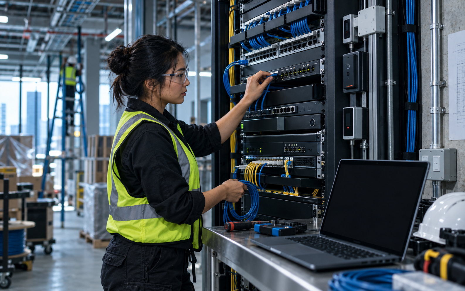 Systems integrator commissioning network, access-control and AV equipment during a commercial fit-out